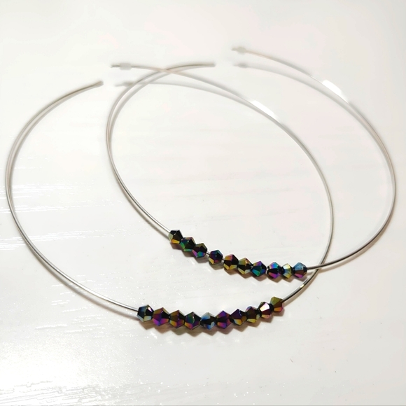Sterling Silver Oversized 4" Hoop Earrings with Rainbow Bicone Swarovski Crystal - Picture 3 of 9